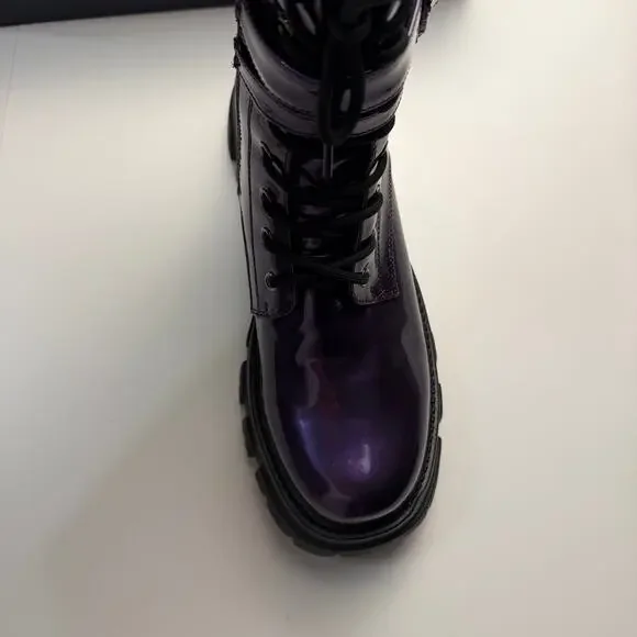 Women Combat Boots Lace Up Buckle Lug Sole Ankle Biker Boots - Picture 5 of 12